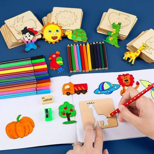 20pcs Kids Wooden Drawing Toys  Montessori DIY Painting Stencils Template Craft Toys Puzzle Educational Toys for Children Gifts